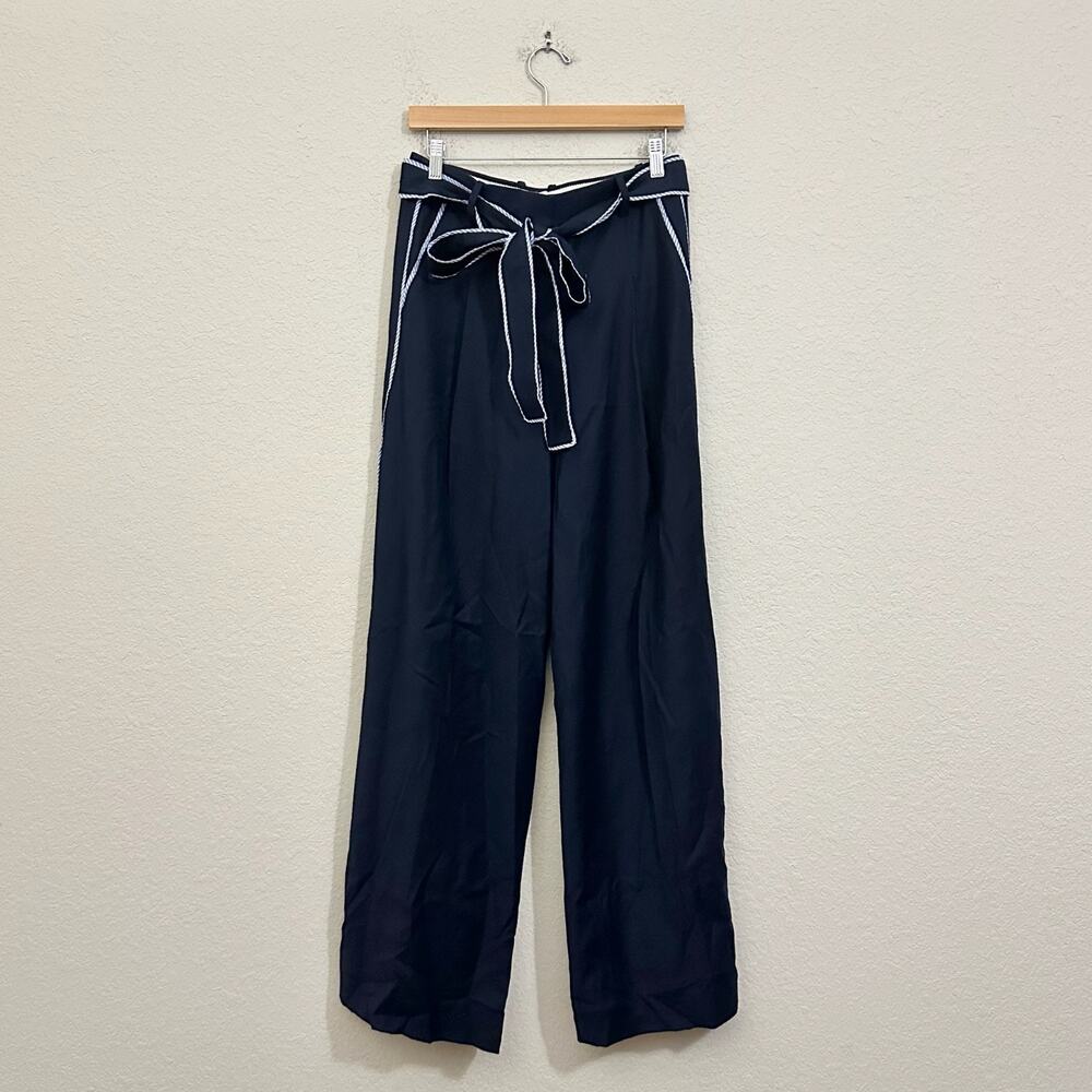 J.CREW x NET A PORTER Pants Navy Blue Wool Belted Wide Leg Trousers